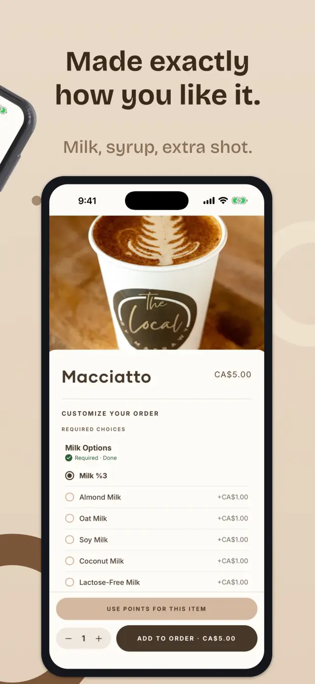 A drink being customised in The Local app, headed "Made exactly how you like it."