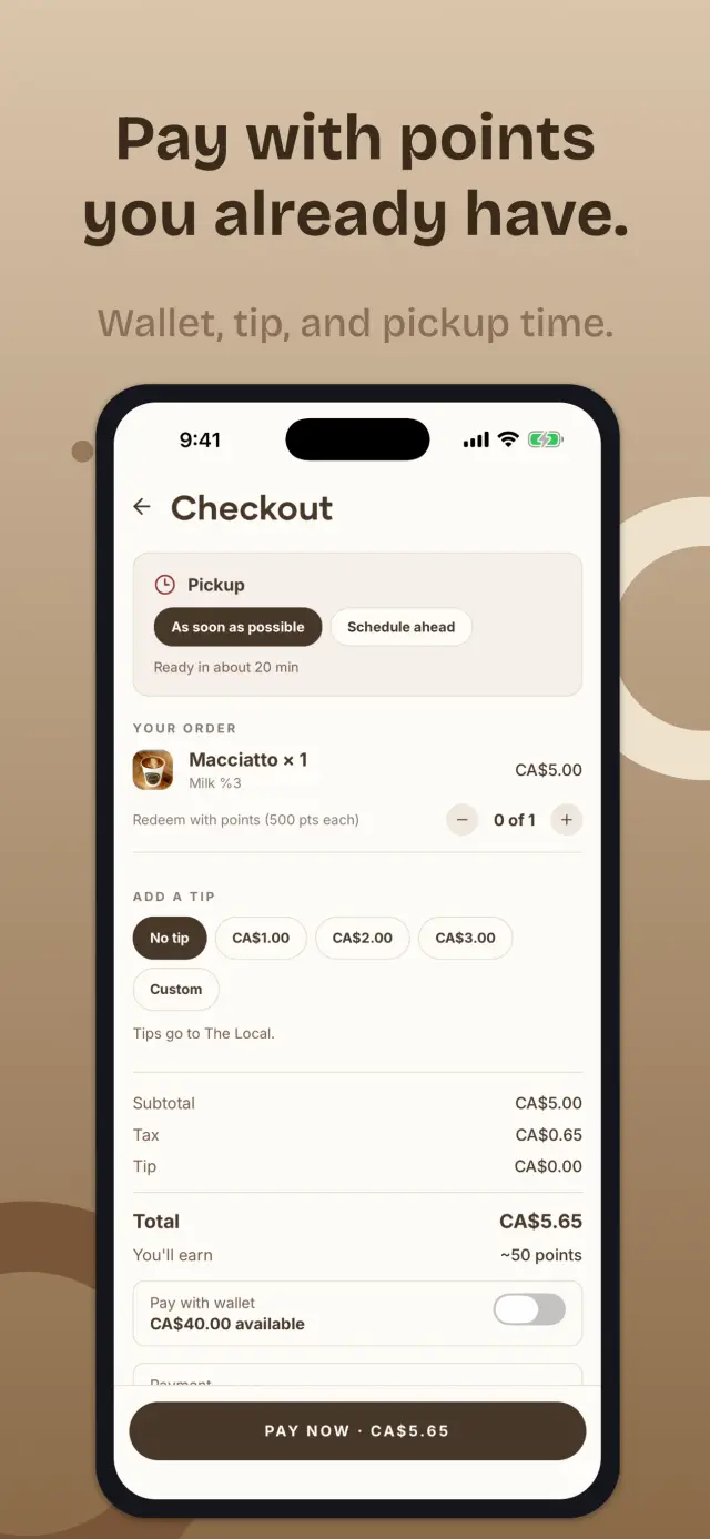 The Local app's checkout, headed "Pay with points you already have."