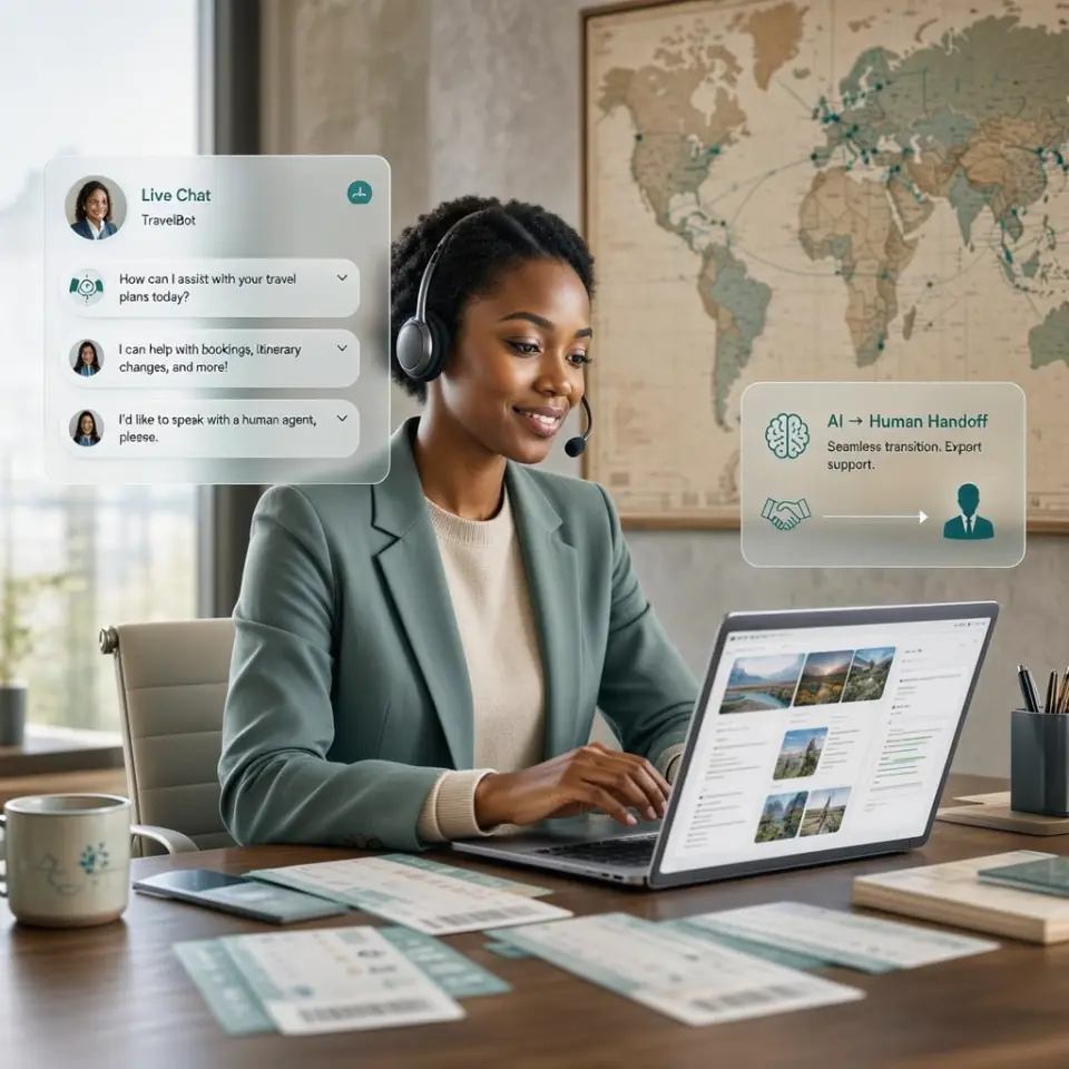 The Travel Agency Support Platform showing a conversation between a traveller and the AI assistant